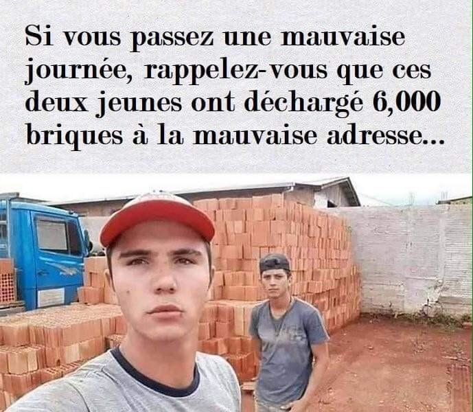 Blague   si vous avez passez une mauvaise journée rappelez vous que ses 2 jeunes ont déchargé 6000 briques à la mauvaise adresse