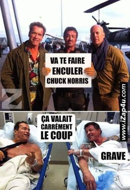 Blague   stallone et schwarzenegger et bruce willis qui dit va te faire enculé chuck norris