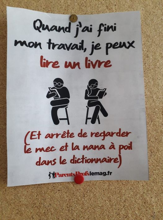 Blague   travail   Livre   savoir   quand j'ai fini mon travail je peux lire un livre   et arrête de regarde l'homme et la femme à pol dans le dictionnaire