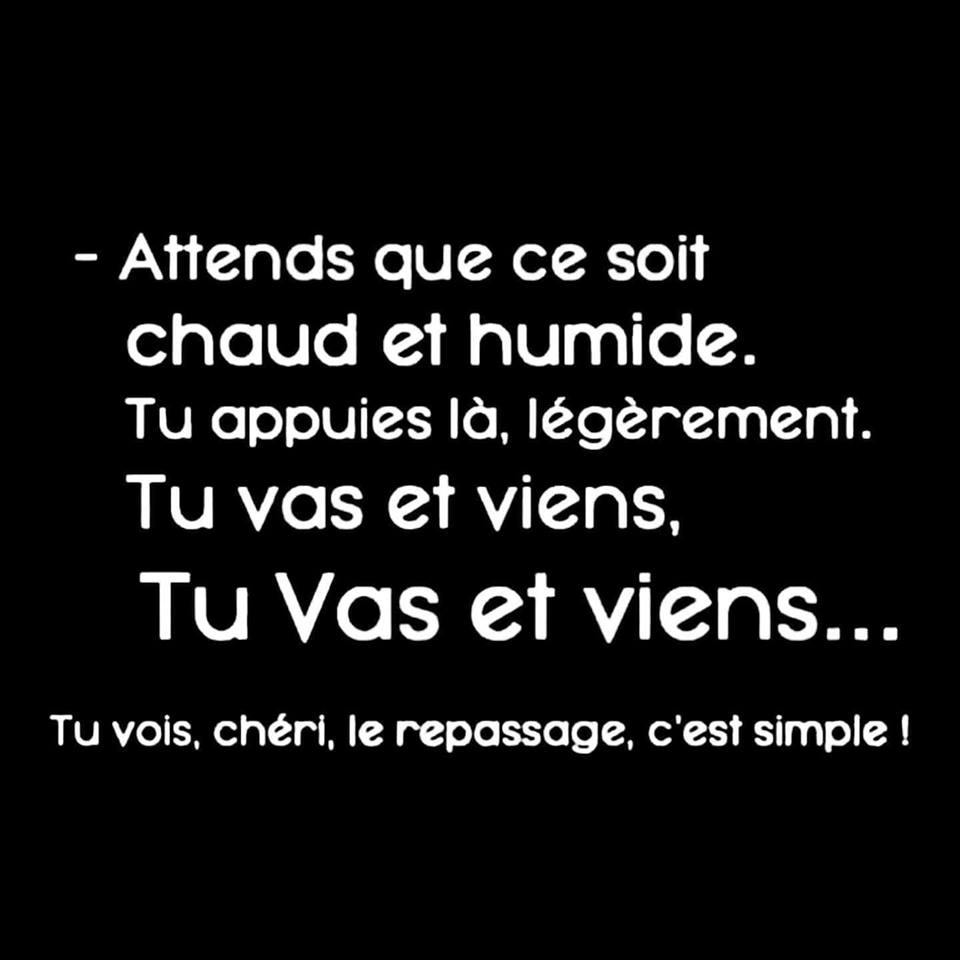 Blague   tu attends que ce soit chaud e humide tu appuies la légèrement tu vas et viens tu vas e viens   tu vois chéri le repassage c'est simple