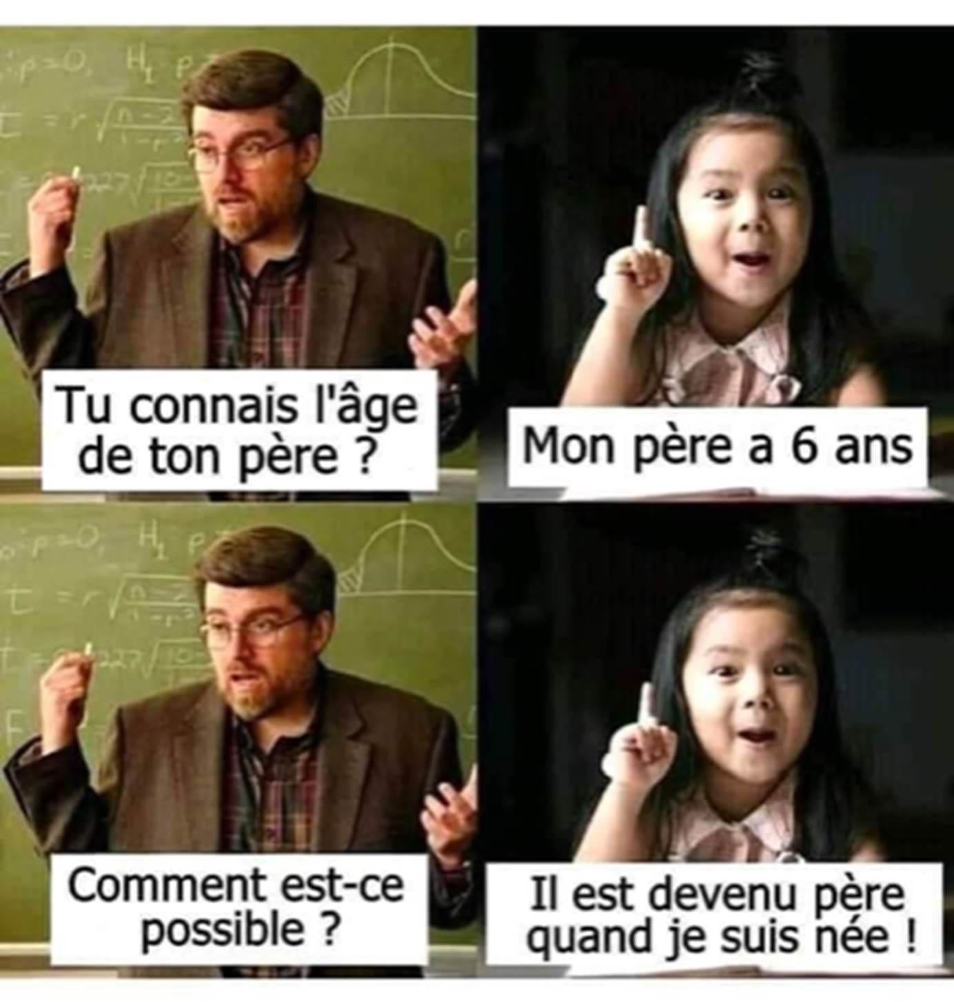 Blague   tu connais l'age de ton père   la fille répond   mon père à 6 ans comment est ce possible   il est devenu père quand je suis né