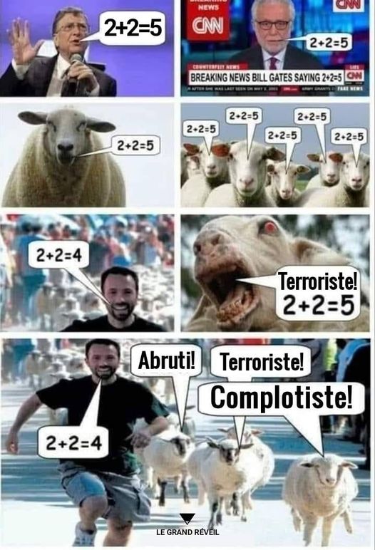 Blague   télévision   complotiste   2+2=5 les moutons répète et une personne dit 2+2 = 4 et les moutons disent terroriste abruti complotiste