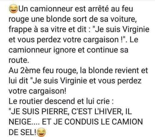 Blague   un camionneur est arrété au feu rouge une blonde sort de sa voiture et frappe a la vitre et dit je susi virginie et vou s perdez votre cargaison