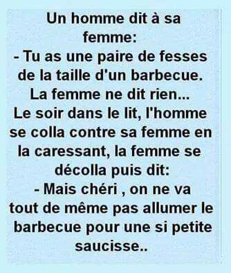 Blague   un homme  dit à sa femme tu as une paire de fesse de la taille d'un barbecue et la femme répond on ne va pas allumer le barbecue pour une si petite saucisse