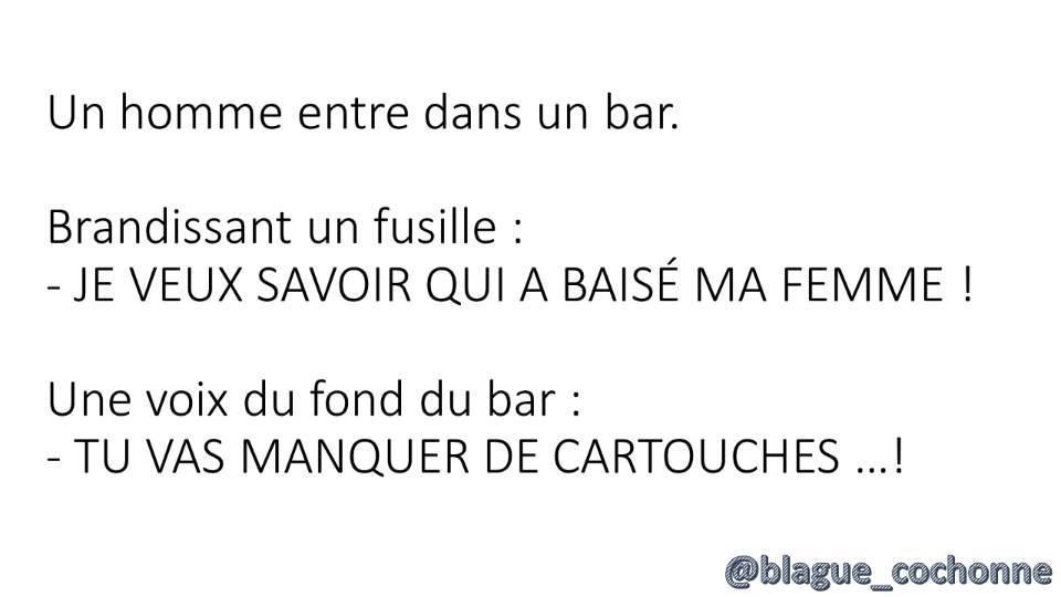 Blague   un homme entre dans un bar brandisant un fusil je  veux savoir qui a baisé ma femme un voix dit tu va manquer de cartouche