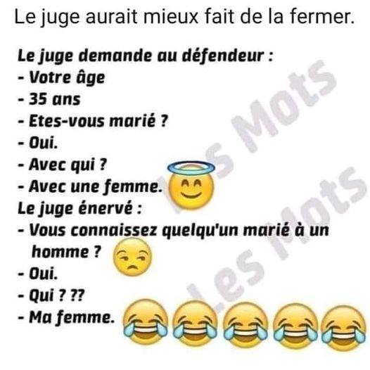 Blague   un juge demande au défendeur votre age 35 ans etes vous mariés oui avec qui avec une femme