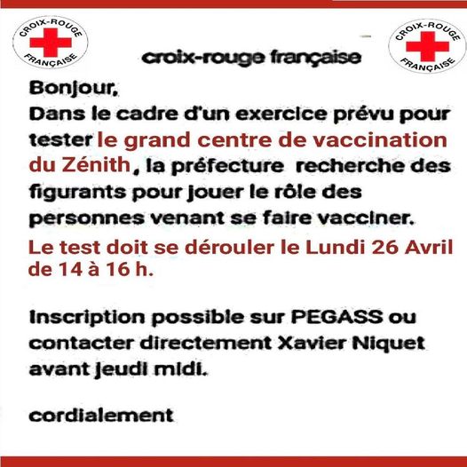 Blague   vaccin   dans le cadre d'un exercice prévu pour tester le centre de vaccination la préfecture recherche des figurants pour jouer le role des personnes venant se faire vacciner (1)