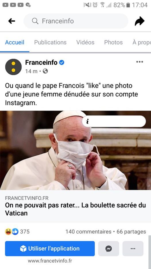 Blague   vatican   quand françois like une photo d'une jeune femme dénudé sur son compte astagram