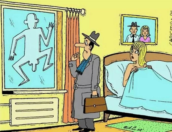 Blague  mari qui revient dans sa chambre avec sa femme dans le lit et vitre brisé à la fenêtre   avec dessin d'homme tout nu