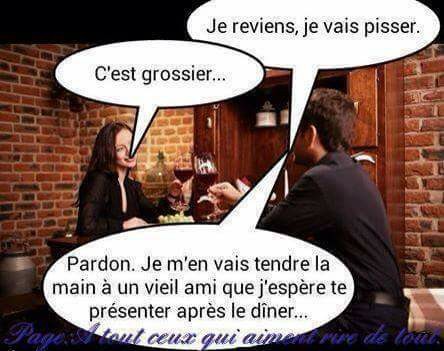 je revens je vais pisser oh c'est grossier  je vais doner n coup de main a un ami que je te présenterais après le diner