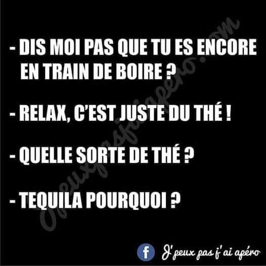 blague   jeux de mot   dis moi pas que tu es encore en train de boire l'autre répond relax,c'est juste du thé,quelle sorte de thé l'autre répond téquila