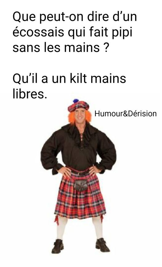 blague   jeux de mot   que peut on dire d'un écossais qui fait pipi sans les mains   qu'il a un kit mains libres