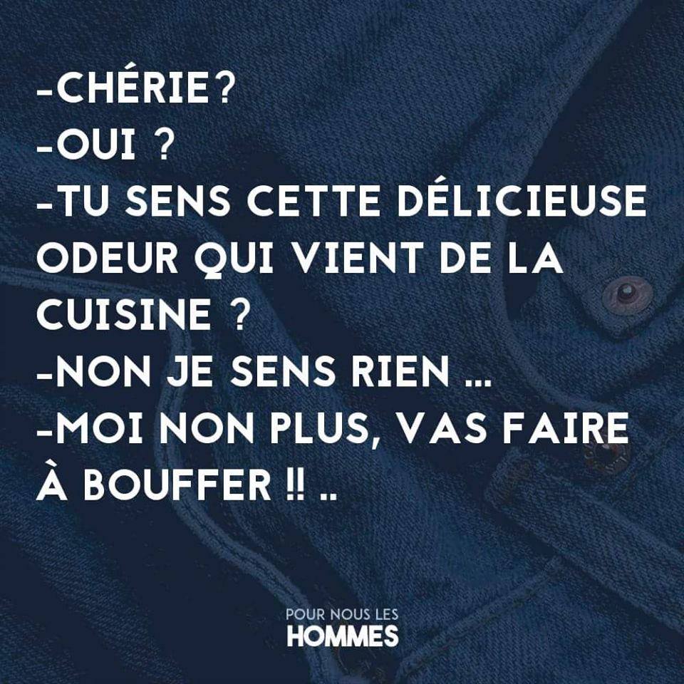 Blague   humour   cuisine   chéri tu sens cet bonne odeur qui viens de la cuisine   non   moi nnplus   va faire à manger