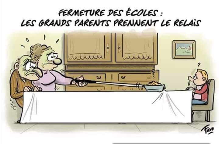 Virus   caricature   fermeture des écoles les grands parents prennent le relais