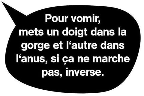 Pour vomir mets un doigt dans la gorge et l'autre dans l'anus si tu n'arrive pas inverse