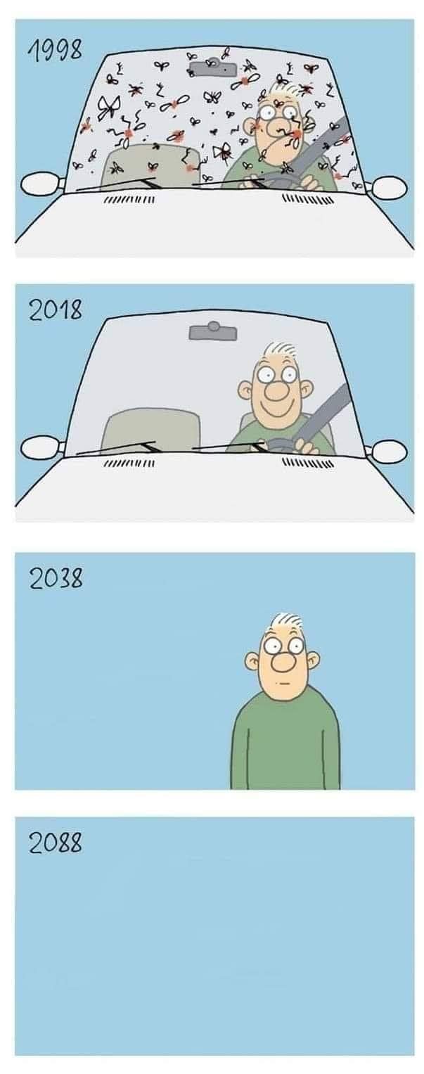 Caricature   1998 home en voiture avec insecte sur le pare birse en 2018 homme voiture sans nsecte  en 2038 sans voture en 2088 plus la