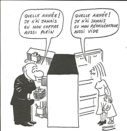 Caricature   banque   et consommateur   quelle année j en'ai jamais eu mon coffre aussi plein et famille qui dit je n'ai jamais eu mon frigo aussi vide