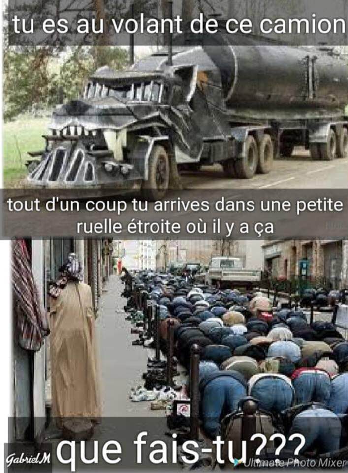 Caricature   camion et musulman qui prient dans la rue