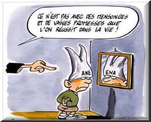 Caricature   ce n'est pas avec des mensonges et de vaines promesses que l'on réussit dans la vie bonnet d'ane=ena