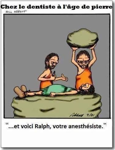 Caricature   chez le dentiste à l'age de pierre et voici ralph l'anesthesiste avec une grosse pierre