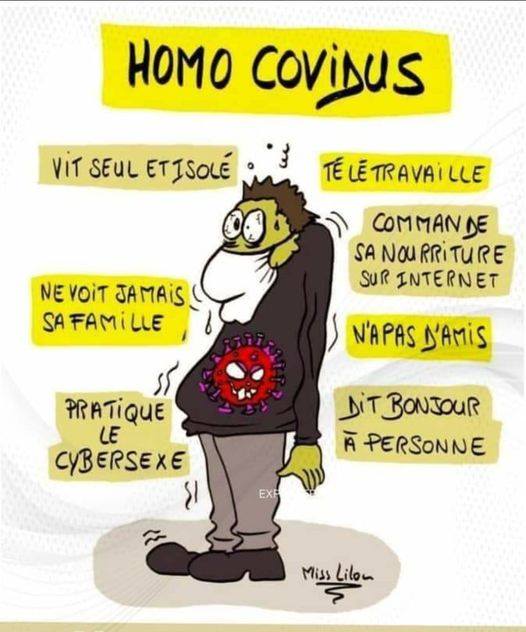 Caricature   covid   homocovidus   vit seul et isolé télétravail pratique le cybersexe n'a pas d'ami ne vois pas sa famille