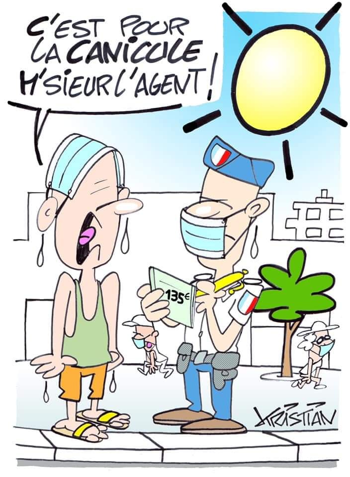 caricature   canicule   masque   police   qui met une amande    c'est pour la canicule monsieur l'agent