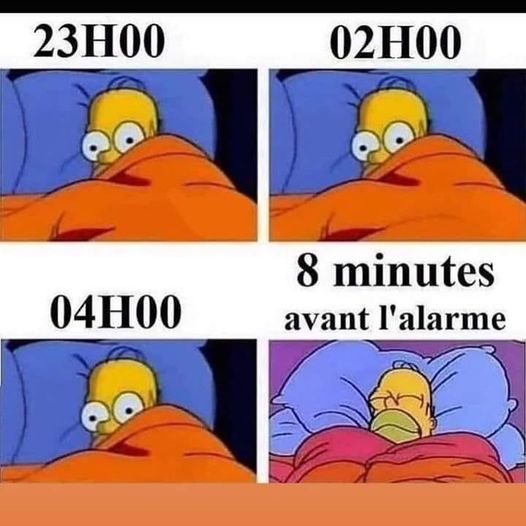 Caricature   dessin   omer simpson qui n'arrive pas à dormir et 8 minutes avant l'alarme