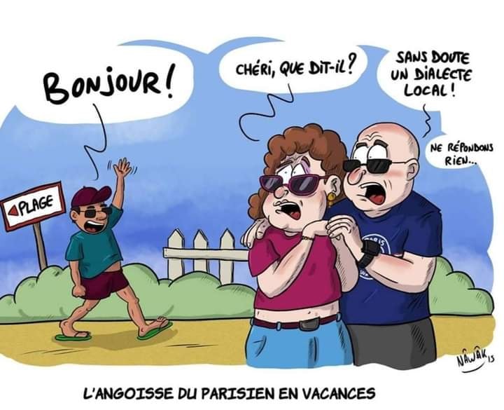 Caricature   dessin   un homme dit bonjour à un couple parisien et parisien qui panique et dit chéri que dit il sans doute un dialecte local ne répond pas