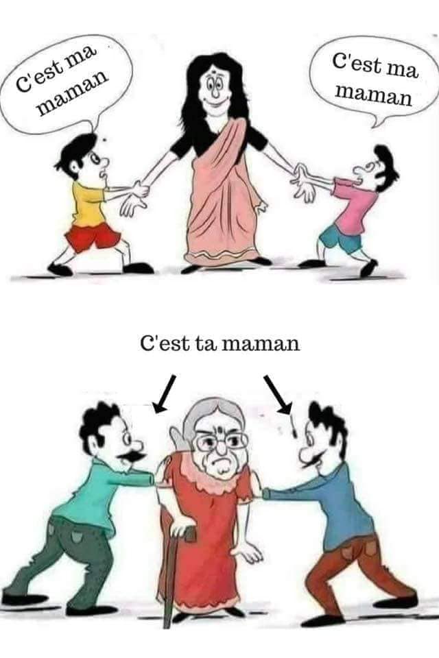 Caricature   femme   2 enfants cest ma maman et quand elledevients granmère c'est ta maman