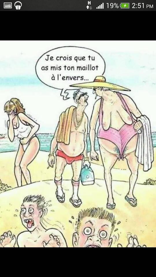 Caricature   femme   à la plage je crois que tu as mis ton maillot à l'envers