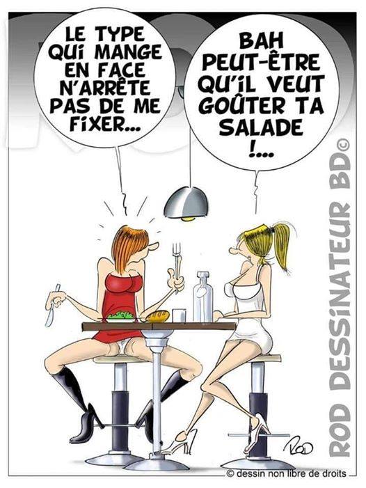 Caricature   femme jambes écarté   le type qui mange en face n'arrête pas de me fixer