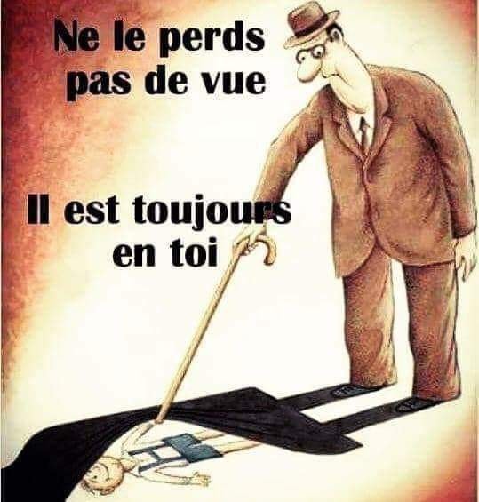 Caricature   grand père qui regarde l'ombre qui représente son enfance    et dit   ne le perd de vue il est toujours en toi