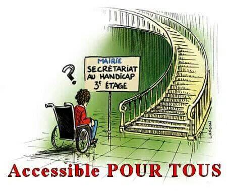 Caricature   handicapé en fauteuil roulant  avec escalier devant lui