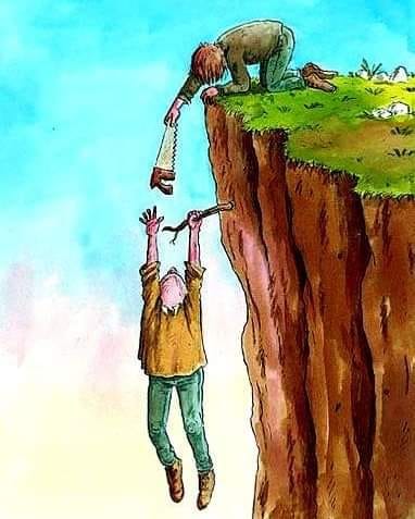 Caricature   homme qui a besoin d'aide accroché à une branche et personne qui lui donne une scie