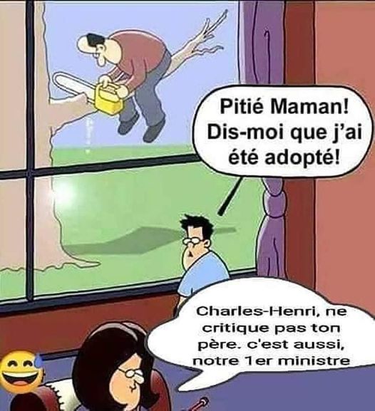 Caricature   homme qui tronçonne une branche sur lequel il est et son enfant qui dit à sa mère en regardant son père pitié maman dis moi que j'ai été adopté