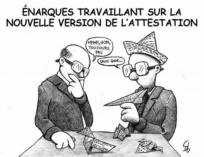 caricature   dessin   énarques travaillant sur la nouvelle version de l'attestation