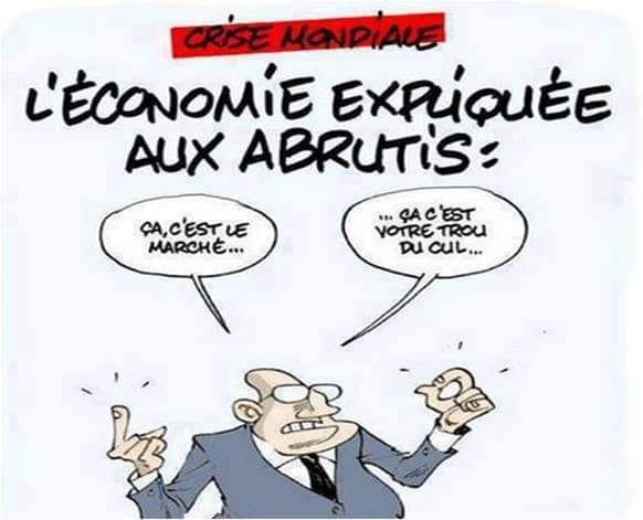 caricature   économie   marché   homme avec un doigt levé = marché et l'autre main un rond = c'est votre trou du cul