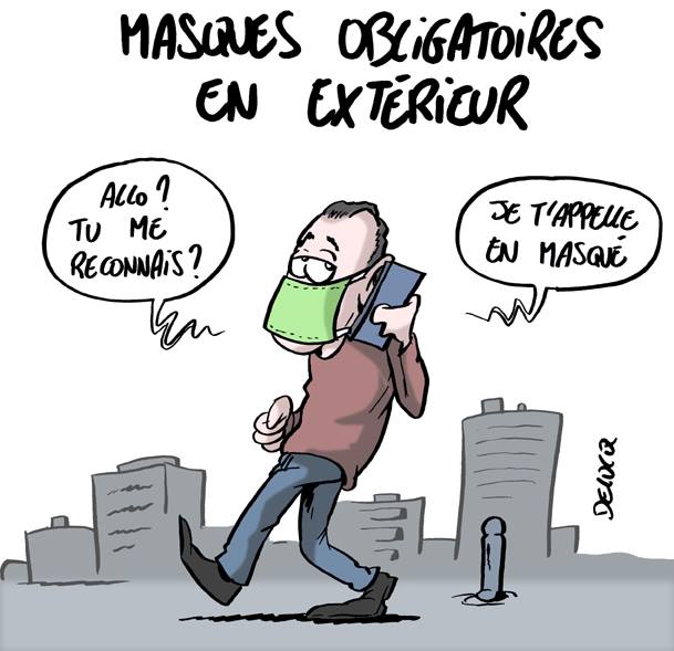 Caricature   jeu de mot   masque obligatoire en extérieur   allotu me reconnais    je t'apelle en masqué 