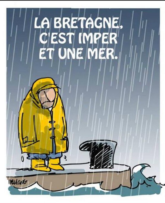 Caricature   jeux de mot  la bretagne c'est imper et une mer