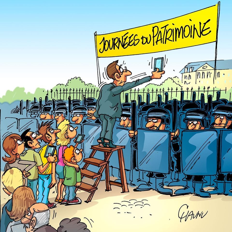 Caricature   journée du patrimoine avec crs qui bloque toutes les entrées