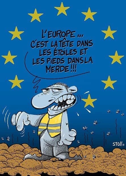 Caricature   l'europe c'est la tête dans les étoiles et les pieds dans la merde