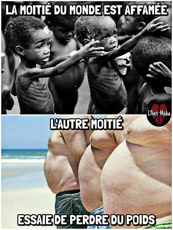 Caricature   la moitié du monde est affamée l'autre moitié essaie de perdre du poid