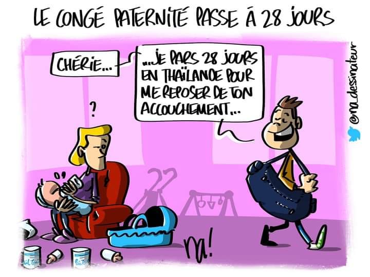 Caricature   le congé paternité passe à 28 jours   homme qui dit je pars 28 jours en thailande me reposer de ton accouchement