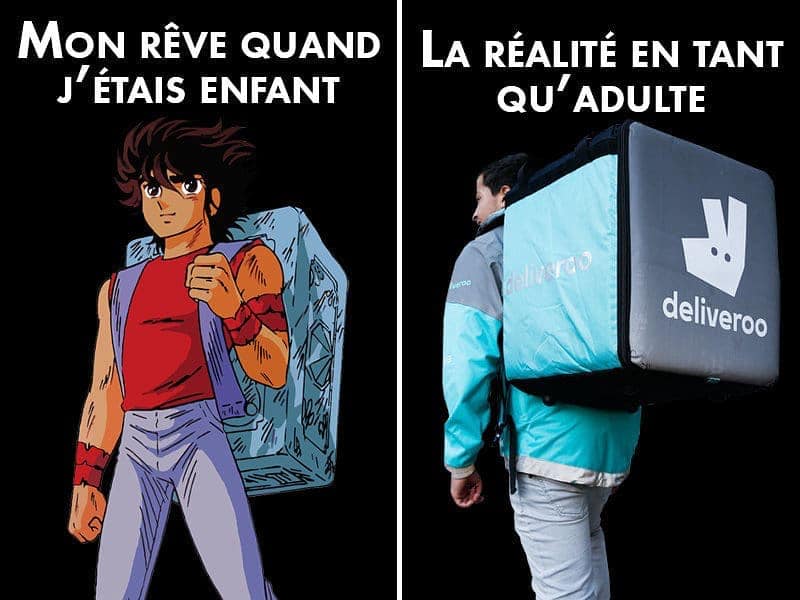 Caricature   mon rêve quand 'était enfant chevalier du zodiaque et laréalité en tant qu'adulte livreur