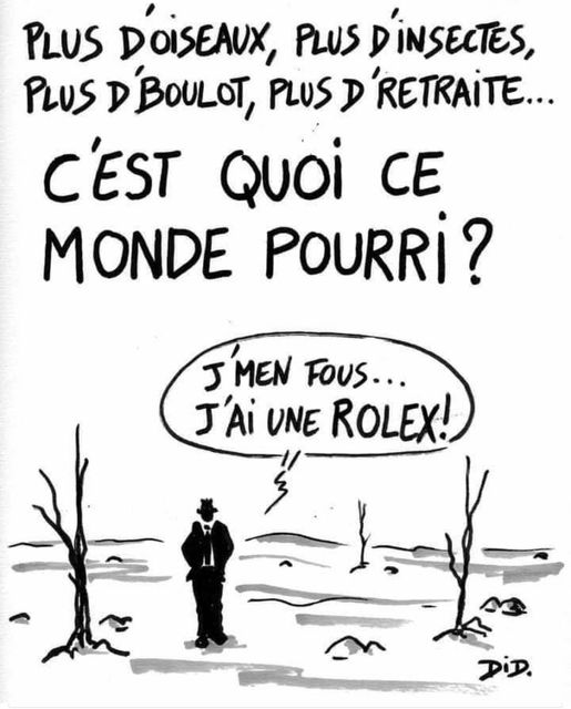 Caricature   monde   plus d'oiseau plus d'insecte plus de boulots plus de retraite c'est quoi ce monde pourri l'autres répond j'men fou j'ai une rolex