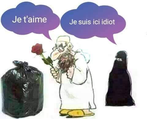 Caricature   musulman qui dit je t'aime à une poubelle et sa femme en bruka derrière dit je suis ici idiot