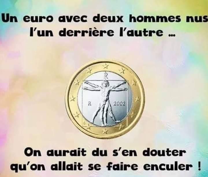 caricature   jeux de mot et d'image   un euro avec deux hommes nus l'un derrière l'autre on aurait du s'en douter qu'on allait se faire enculer