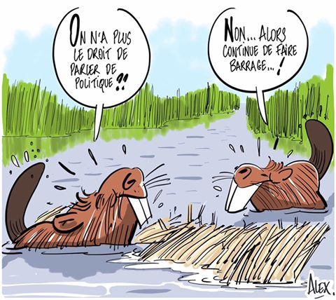 Caricature   On n'a plus le droit de parler politique alors fait barrage