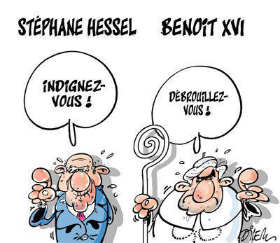 Caricature   personalité   stéphane hessel = indignez vous et benoit XVI=Débrouillez vous