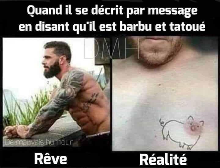 Caricature   qand il se décrit par message en disant qu'il est barbu et tatoué rêve etréalité